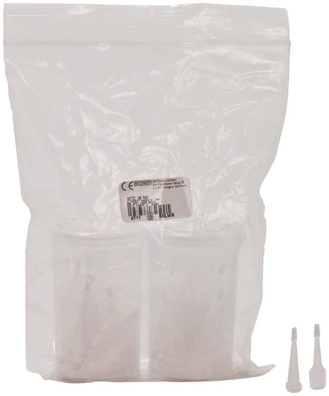 Transparente Verpackung mit SoftEZ Tip 100er und zwei weißen Aufsätzen.