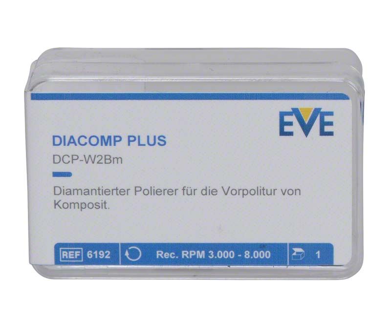 Diamantierter Dentalpolierer in Kunststoffbox mit Produktinformationen und EVE-Logo.