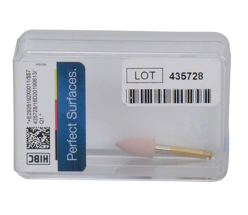Torpedo-förmiger Dentalpolierer in transparenter Box mit Barcode und Aufschrift.