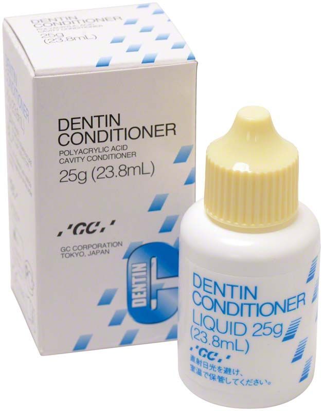 GC Dentin Conditioner Flasche und Verpackung mit Aufschrift in Blau.