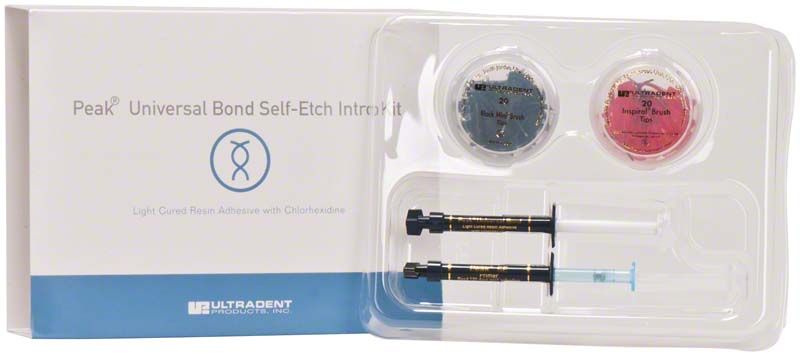 Peak Universal Bond Self-Etch Kit mit zwei Spritzen und Applikationspinseln in Verpackung.