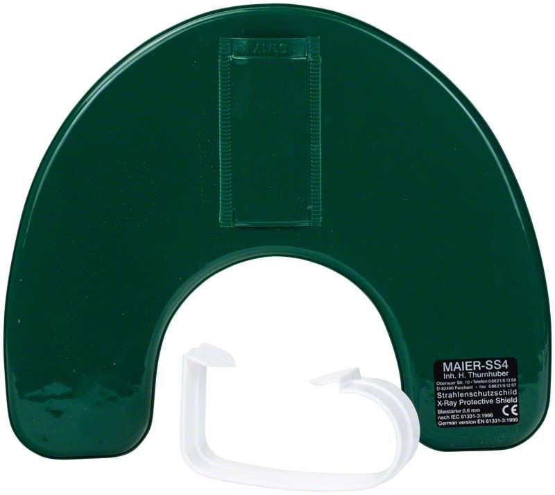 Strahlenschutzschild grün mit abnehmbarem Griff für den Dentalbereich.