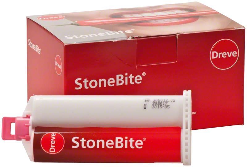 StoneBite Kartuschenpackung und Silikonkartusche für Bissregistrierung.