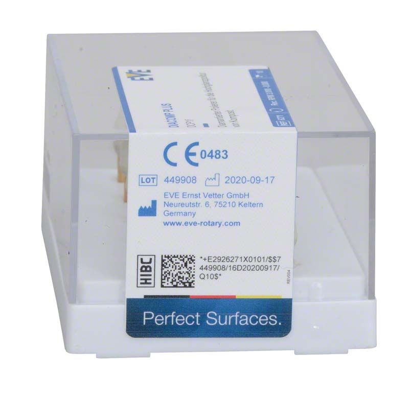 Transparente Verpackung des EVE DIACOMP® plus Hochglanz-Polierers mit Etikett.