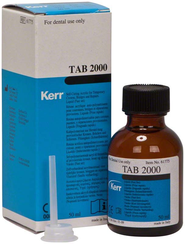 Selbsthärtender Kunststoff TAB 2000 Flüssigkeit fast in 50 ml Flasche mit Verpackung.