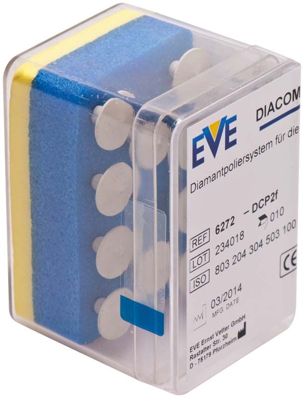 Verpackung der EVE DIACOMP® plus Hochglanz-Linse DCP2f mit blauer Polierfläche.