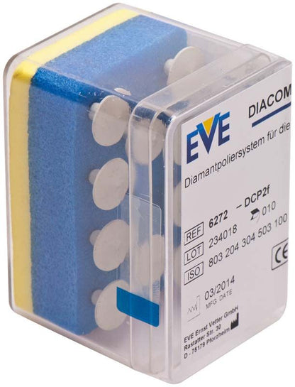 Verpackung der EVE DIACOMP® plus Hochglanz-Linse DCP2f mit blauer Polierfläche.