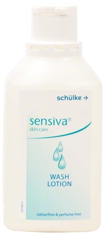 Sensiva Waschlotion 500ml Flasche mit blauem Etikett und Tropfensymbolen.