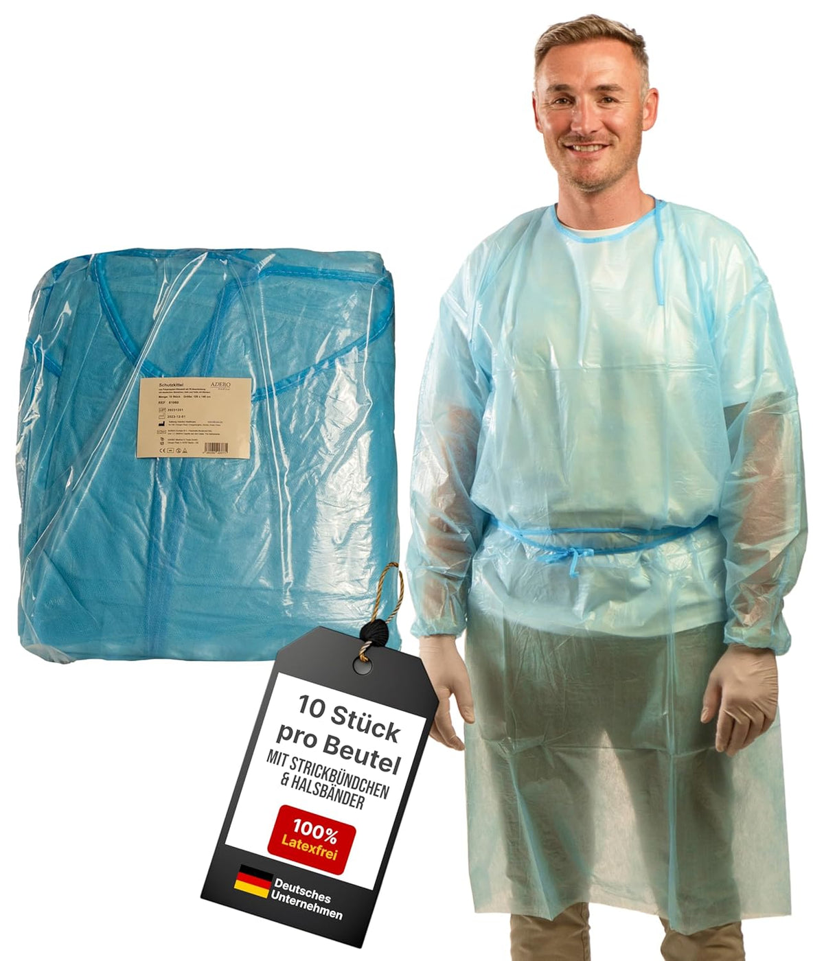 Blauer Schutzkittel mit elastischen Bündchen, getragen von einer Person.