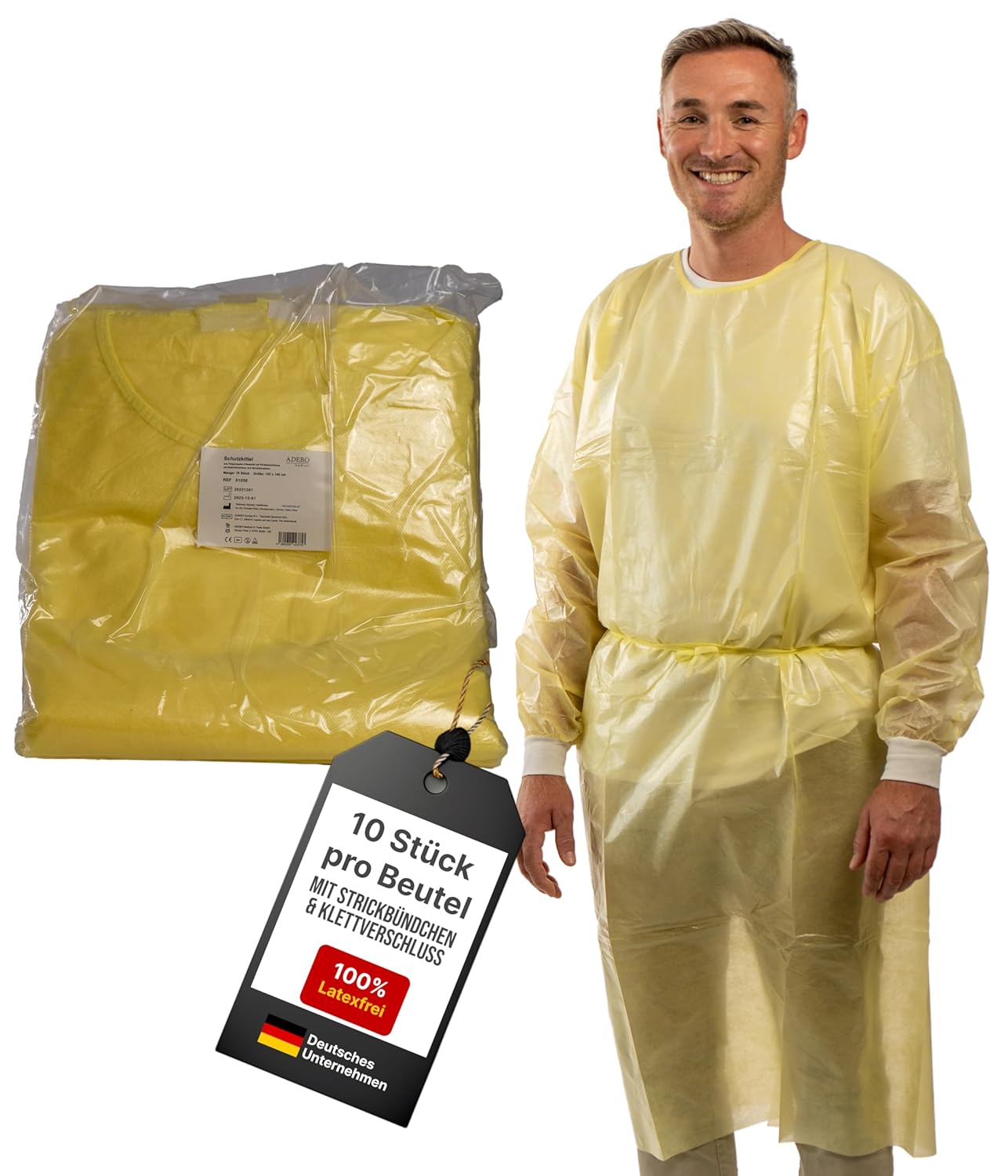 Schutzkittel in Gelb mit Strickbündchen, präsentiert von einem lächelnden Modell.