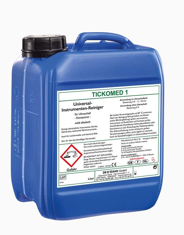 Blauer 5-Liter-Kanister Tickomed 1 Universal-Instrumentenreiniger mit Etikett.