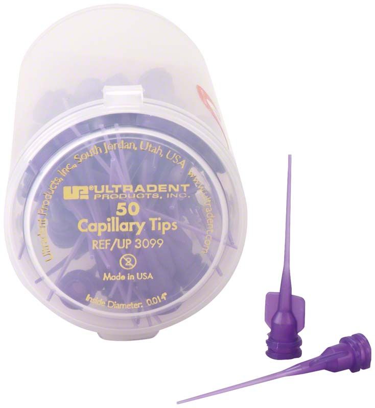 Capillary Tip violett 50er Packung mit zwei Applikatoren im Vordergrund.