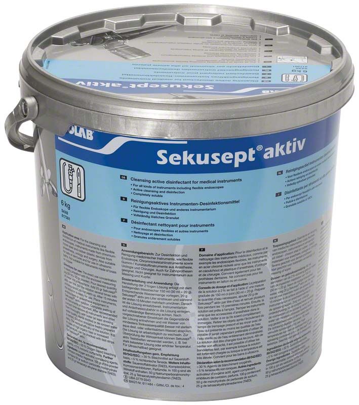 Sekusept aktiv 6kg Eimer für Instrumentendesinfektion mit blauer Etikettierung.