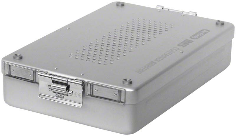 Sterilisations-Container aus Edelstahl mit Verschlussmechanismus, 312 x 190 x 65mm.