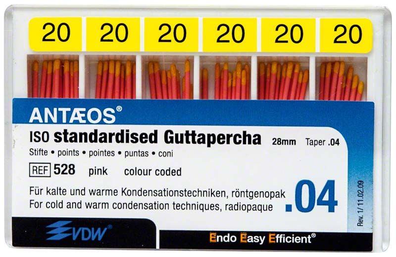 Guttapercha .04 Gr. 20 gelb, in Kunststoffbox mit Etikett.