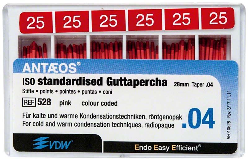 Guttapercha-Stifte ISO standardisiert 25/.04, rot, in Kunststoffbox.