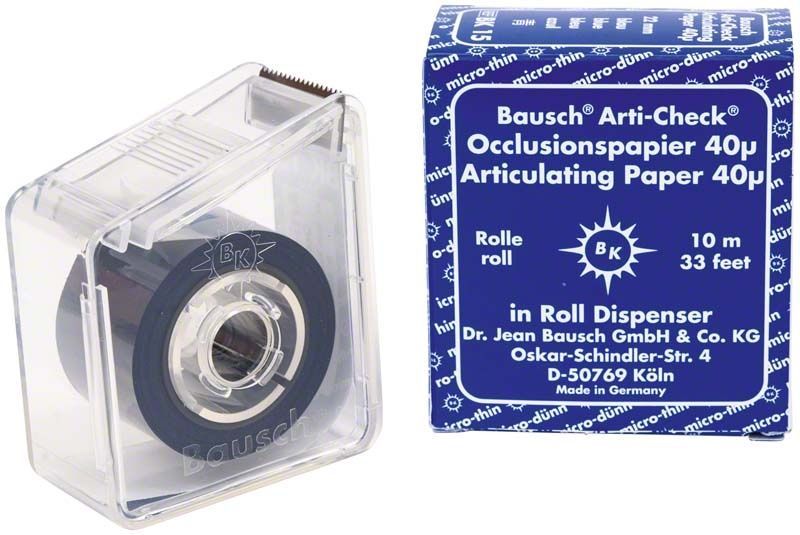 Arti-Check® Occlusionspapier 40µ Spender mit blauer Farbbeschichtung und Verpackung.