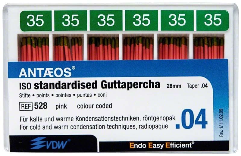 Guttapercha-Stifte .04 Gr. 35 in grün, für Wurzelkanalfüllung.