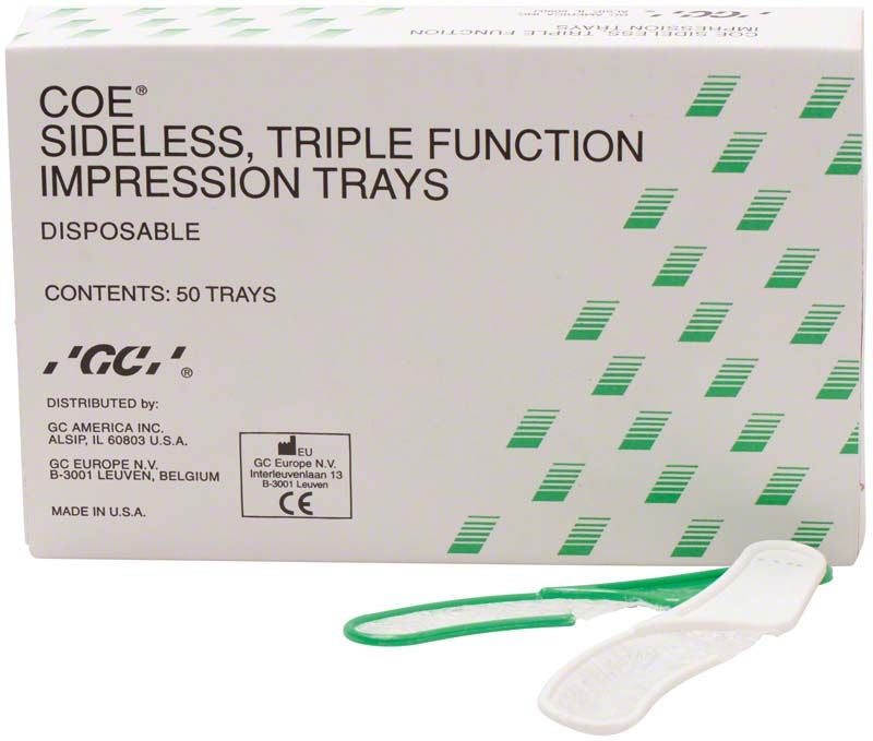 Einweg-Abformlöffel COE® randlos mit grünen Griffen, Verpackung sichtbar.