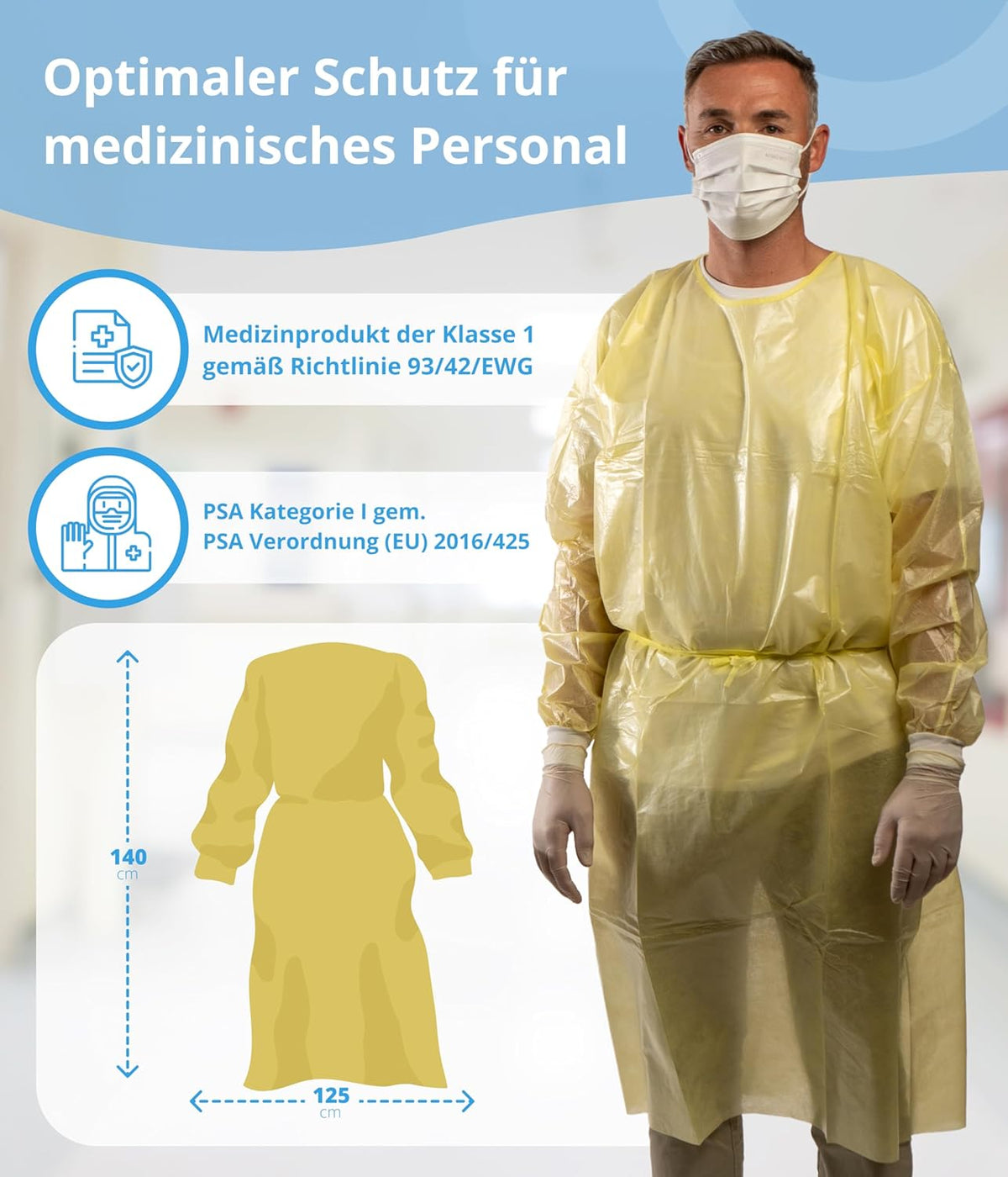 Gelber Schutzkittel 125 x 140 cm mit Strickbündchen, getragen von Modell.