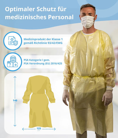 Gelber Schutzkittel 125 x 140 cm mit Strickbündchen, getragen von Modell.