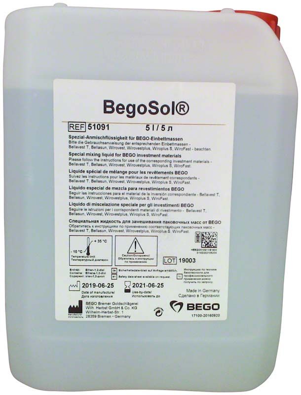 BegoSol® 5 Liter Anmischflüssigkeit im Kunststoffkanister mit Etikett.