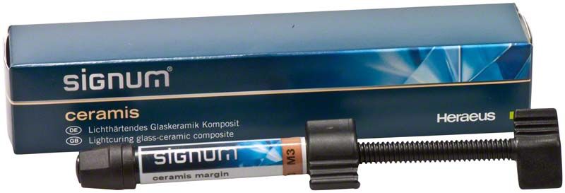 Signum® ceramis margin M3 Zahnmaterial in Spritze mit Verpackung.
