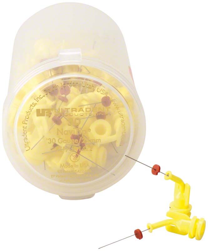 Navi Tips™ 30ga 21mm gelb, Detailansicht der Applikatoren in Verpackung.