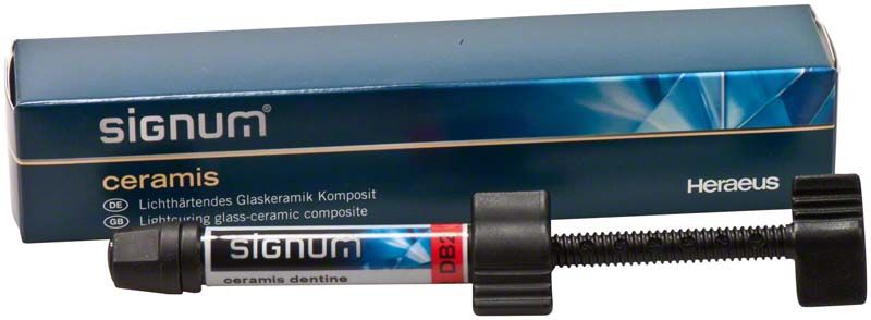 Signum® ceramis dentine DB2 Glaskeramik-Komposit in Spritze vor Verpackung.