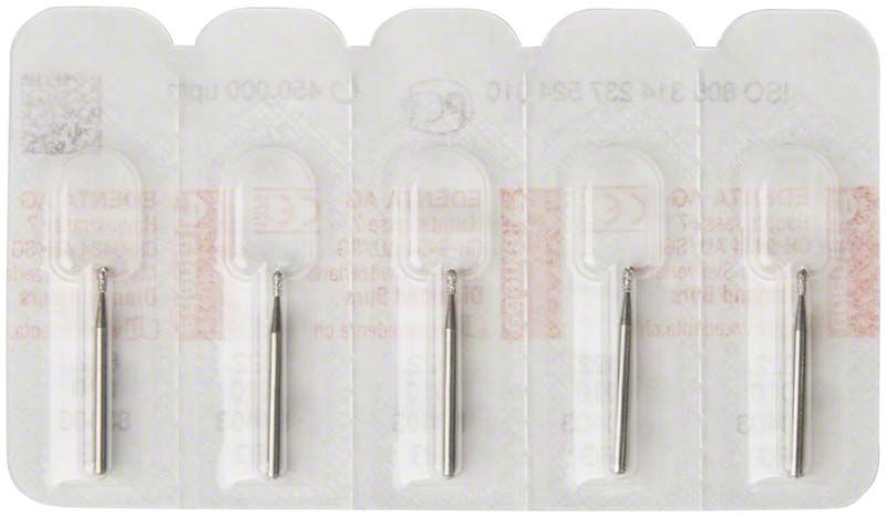 Verpackung mit fünf Diamantbohrern Diamant FG 822 010 für Zahnmedizin.