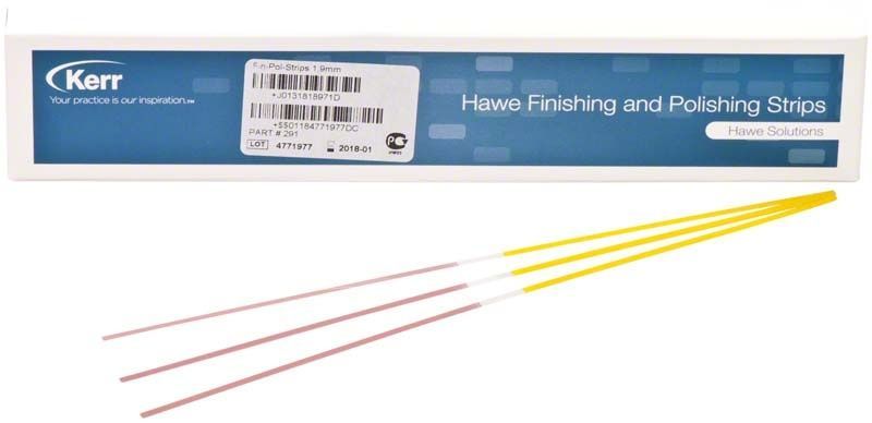 Finier- und Polierstrips von Kerr in Verpackung mit gelben Griffen.