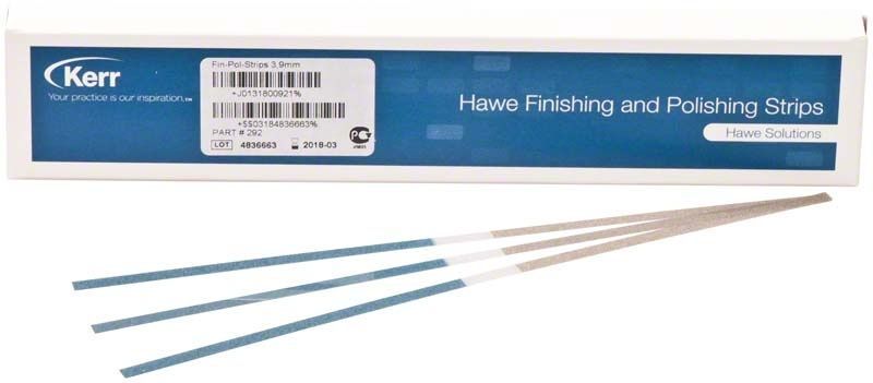Finier- und Polierstrips von Kerr mit blauem Etikett und drei Streifen.