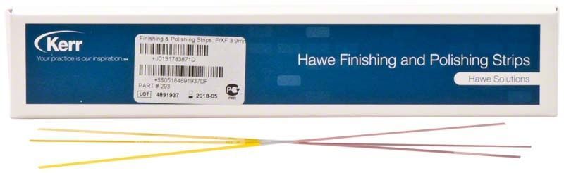 Finier- und Polierstrips von Kerr in Originalverpackung mit sichtbaren Streifen.