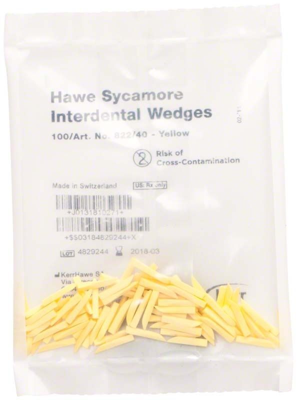 Ahorn-Interdentalkeile 100er Packung von Kerr, gelb, in Plastikverpackung.