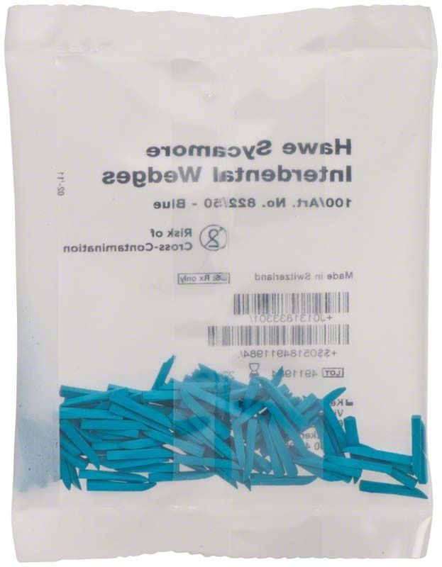 Interdentalkeile aus blauem Ahornholz in Kunststoffverpackung.