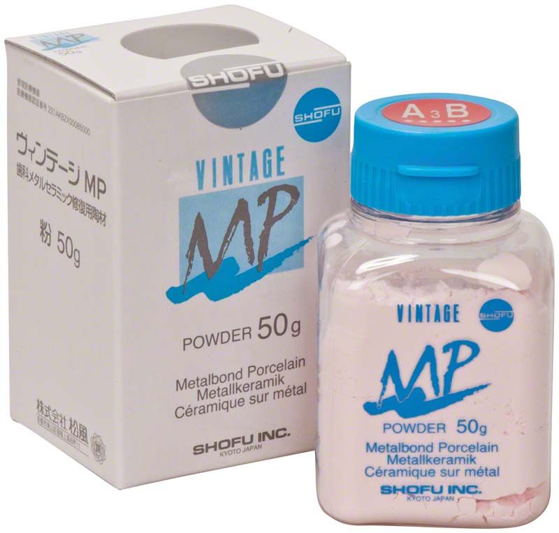 VINTAGE MP Dentin 50g A3B Verblendkeramikflasche neben Verpackung.