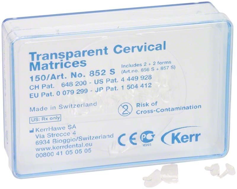 Transparente Hawe Zervikalfolien 852S in Kunststoffverpackung von Kerr.