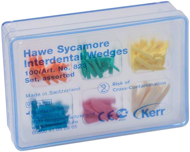 Hawe™ Interdentalkeile Sortiment in transparenter Verpackung mit Farbcodierung.