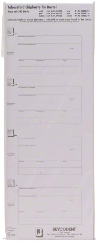 Adressfeldstreifen für Chipkartenausdruck mit Formularfeldern und Herstellerinformationen.