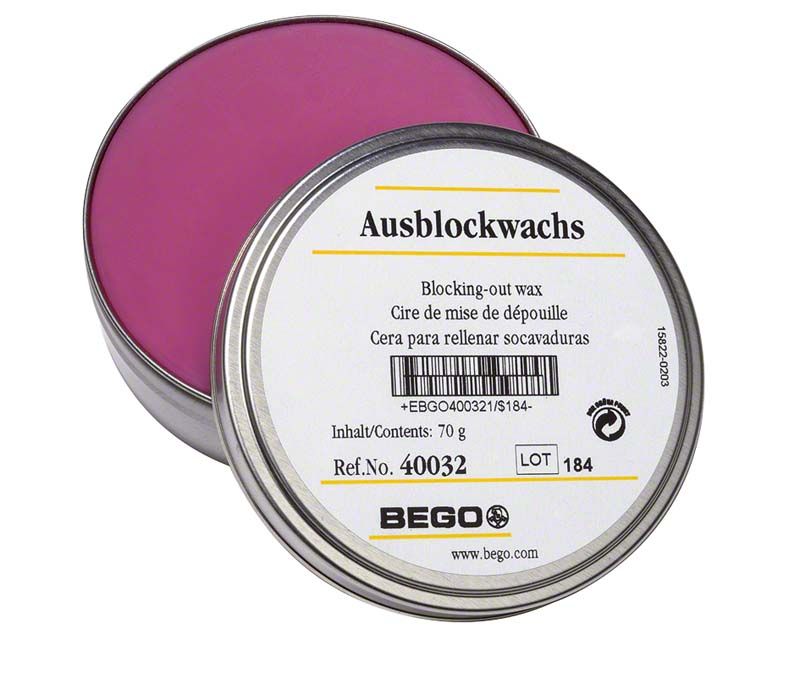 Ausblockwachs von BEGO in runder Metallbox mit rosa Wachs.