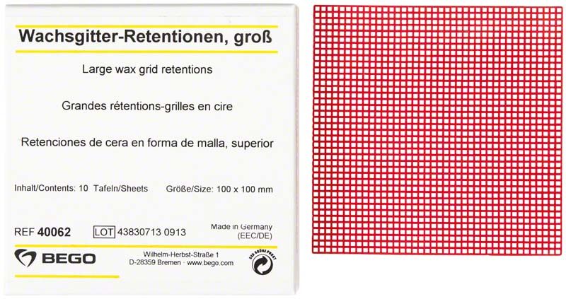 Wachs-Gitterretentionen, 100 x 100 mm, rote Gitterstruktur neben Verpackung.