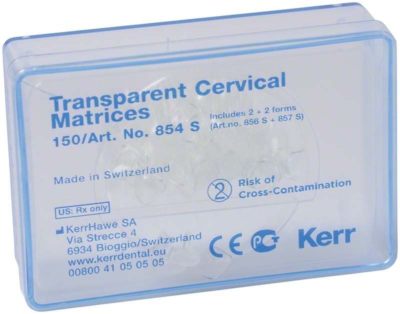 Transparente Zervikalmatrizen Hawe 854S in blauer Kunststoffverpackung.