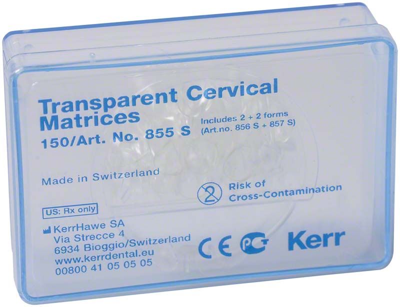 Transparente Zervikalmatrizen-Verpackung von Kerr mit Produktinformationen.