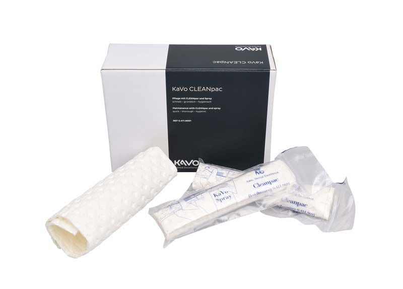 KaVo CLEANpac Verpackung mit offenem Beutel und Tissue-Rolle.