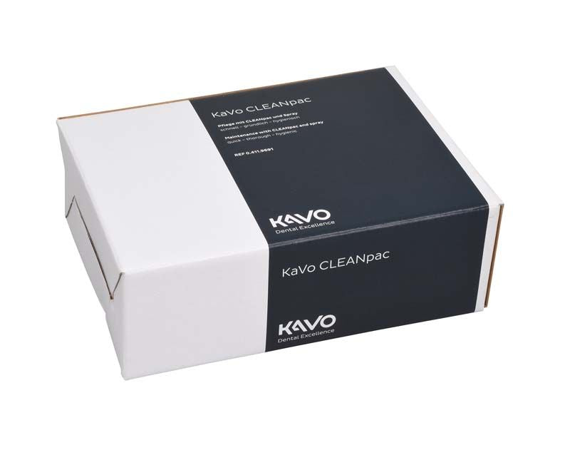 KaVo CLEANpac Verpackung mit schwarzem Etikett und Produktinformationen.