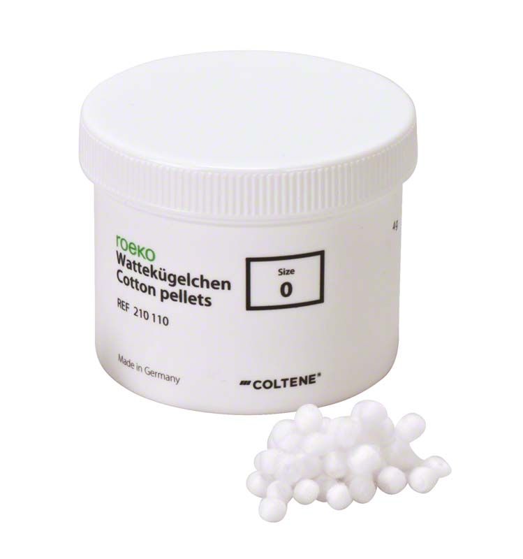 ROEKO Wattekügelchen Gr. 0 in weißer Kunststoffdose mit Wattepellets daneben.