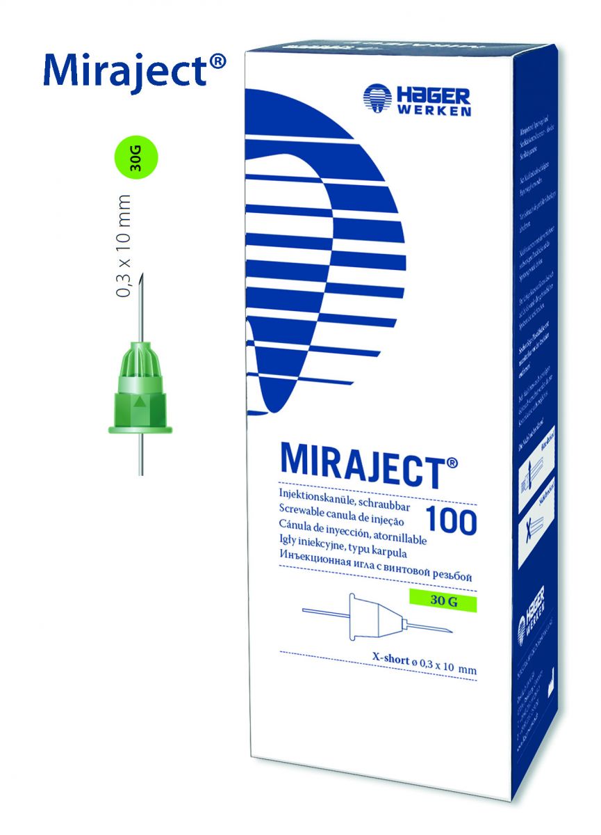 Injektionskanüle Miraject 30G 0,3 x 10mm mit Verpackung und Sterilitätssiegel.