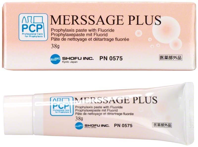 Merssage Plus Prophylaxepaste mit Fluorid in Tube und Verpackung.