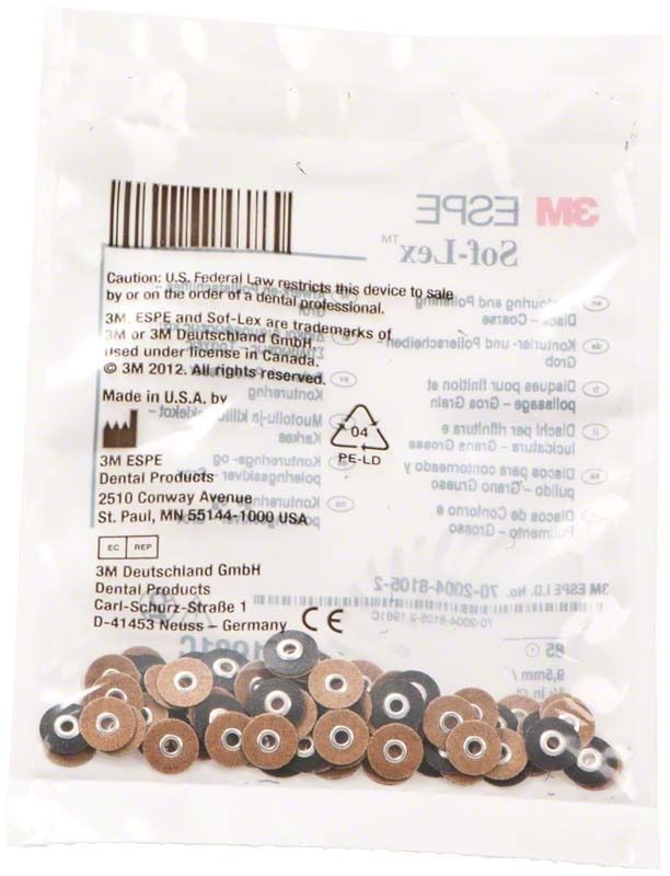 Transparente Verpackung mit 3M Sof-Lex™ Polierscheiben für Zahnbehandlungen.