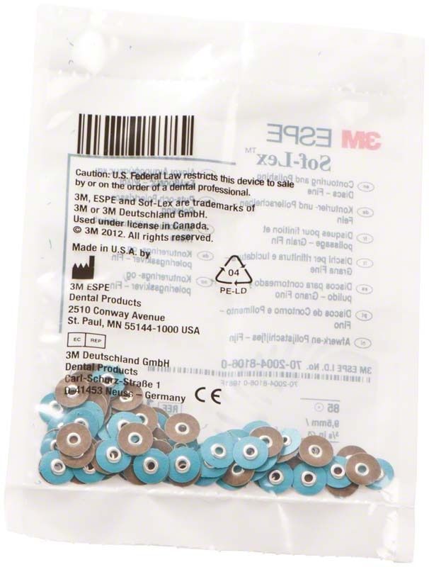 Sof-Lex™ Polierscheiben in transparenter Verpackung mit blau-braunen Scheiben.